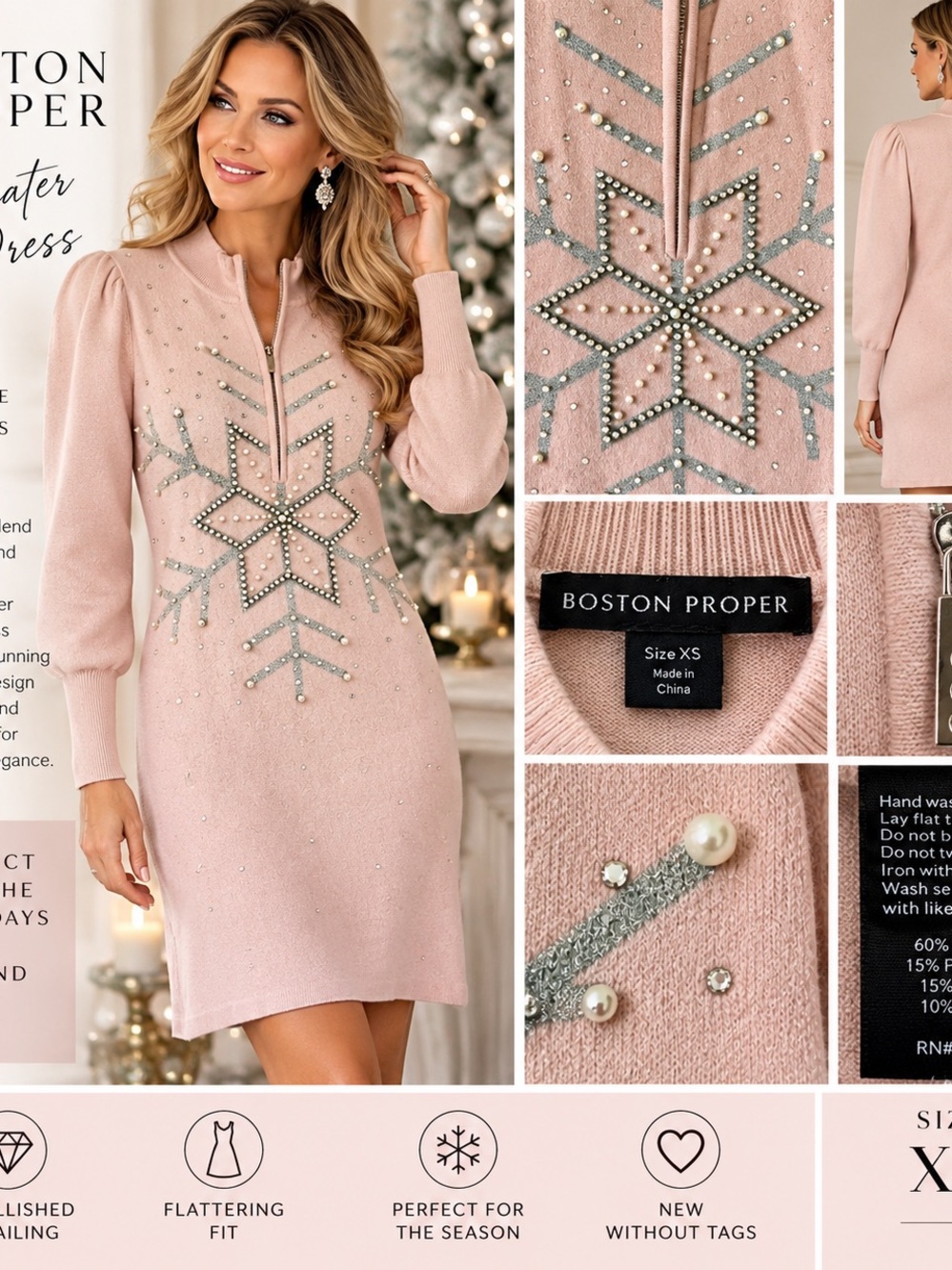 Boston Proper Pink Pearl Rhinestone Snowflake Sweater Dress XS